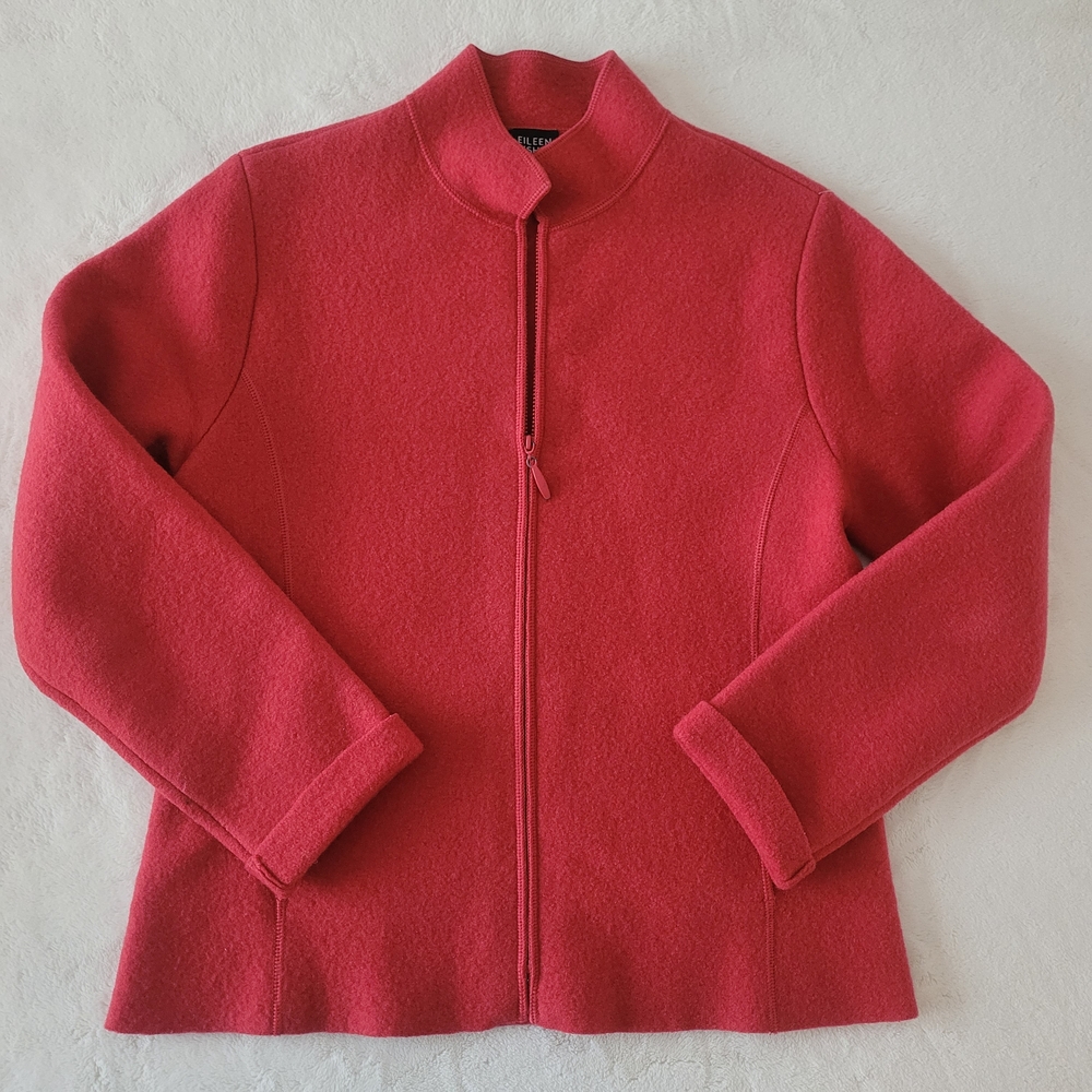 Eileen Fisher 100% Boiled Wool Lightweight Jacket Sweater Size S Zip Coral Red